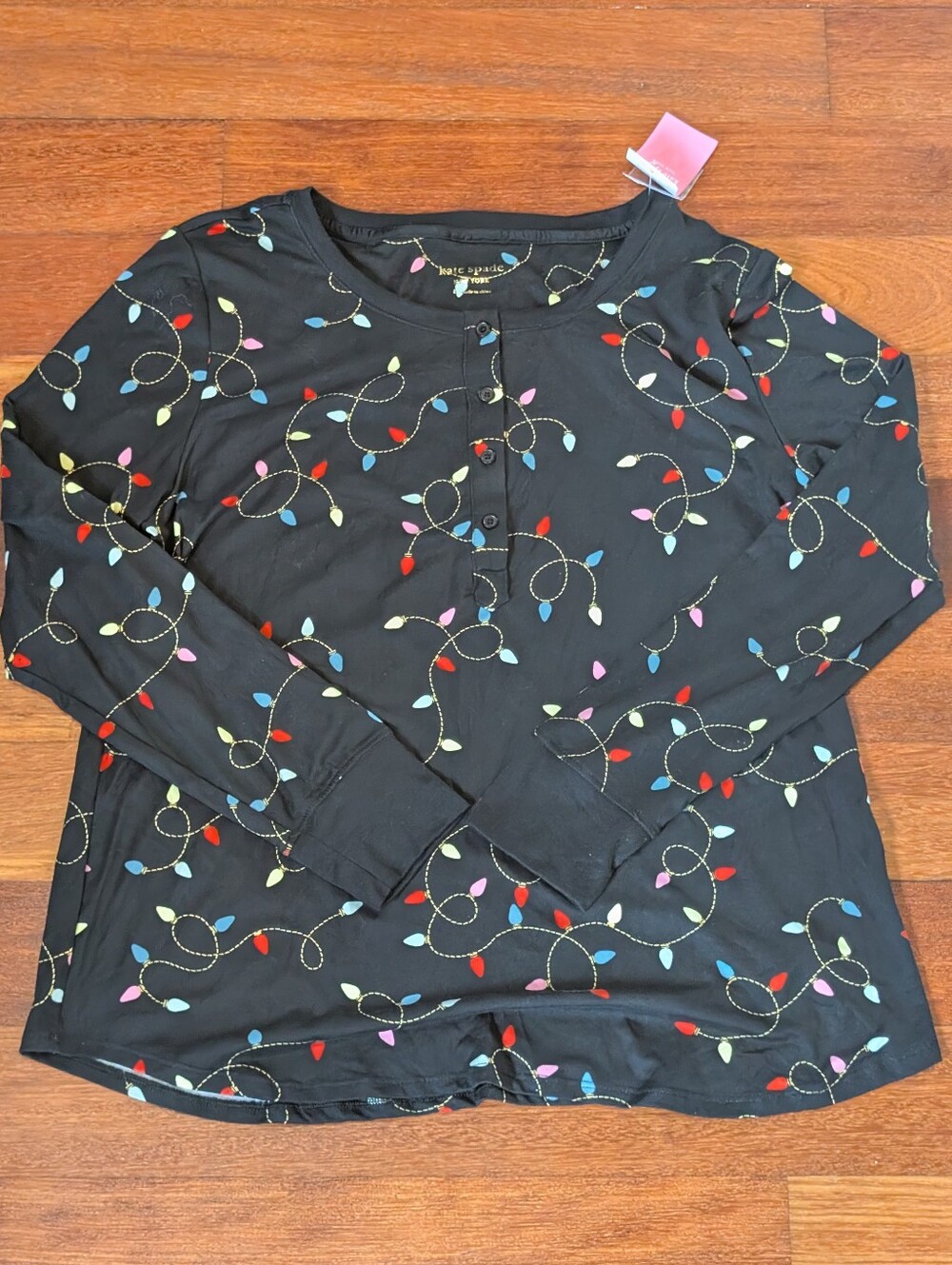 kate Spade Black Long-Sleeve PJ Top with Multicolor Holiday Light Print